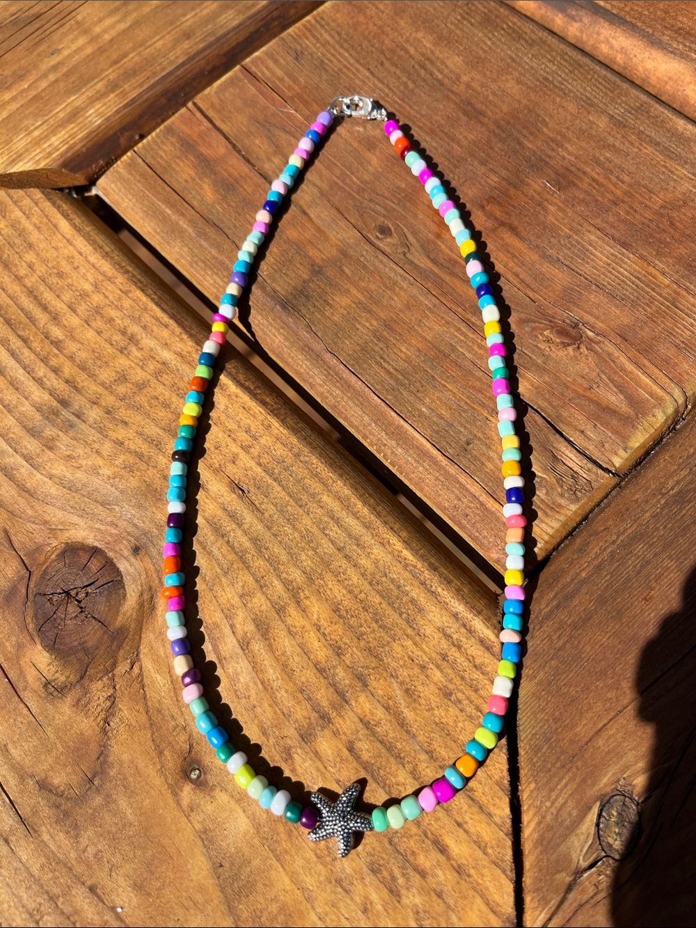Silver starfish colourful beaded handmade necklace